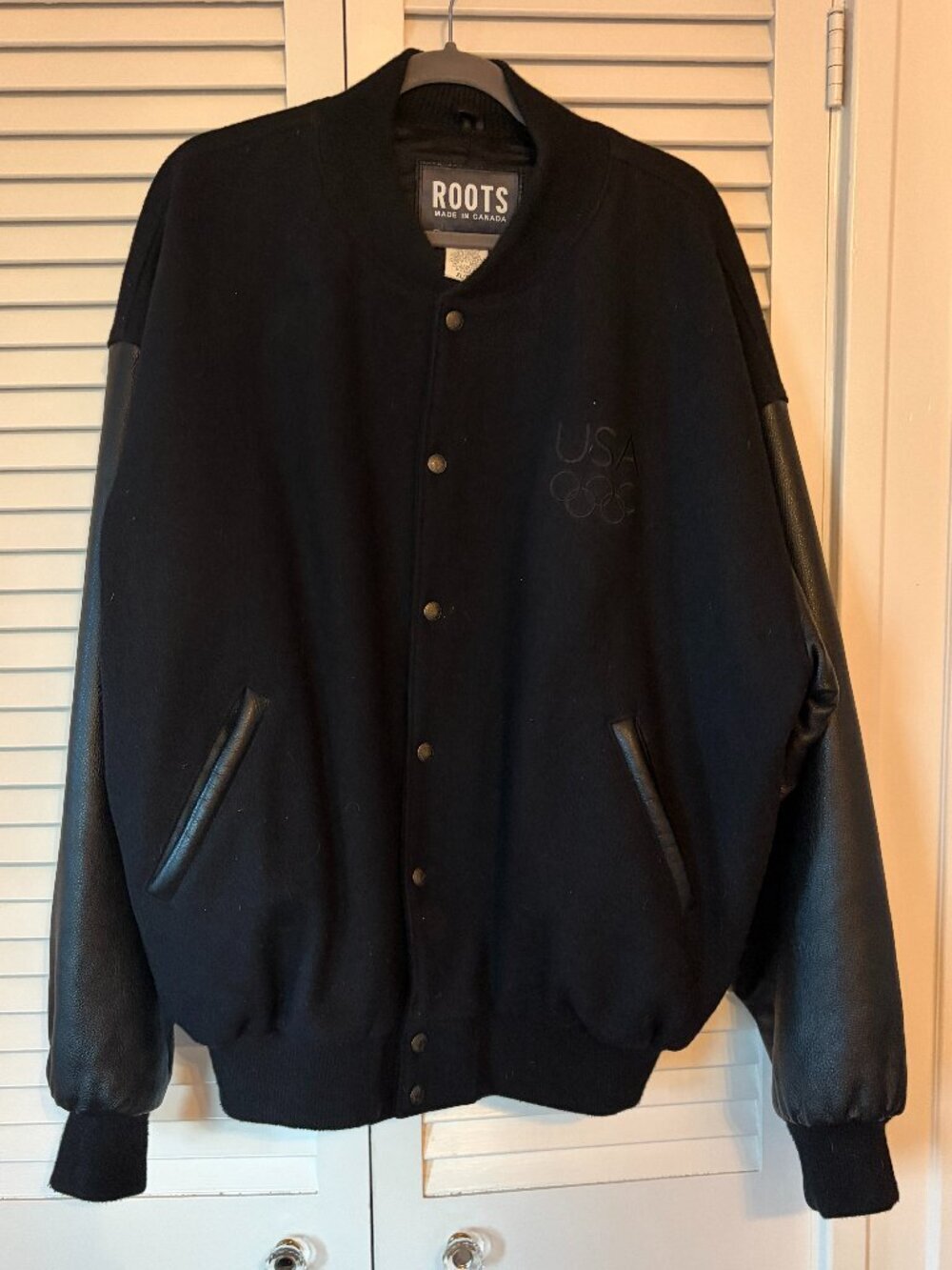 ROOTS men's black varsity jacket USA olympics leather wool vintage